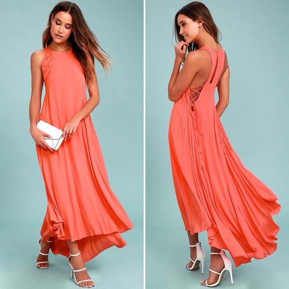 ASTR the Label Victoria Coral Pink Lace-Up Midi Dress Cutout Flowy Size Small - Picture 4 of 9